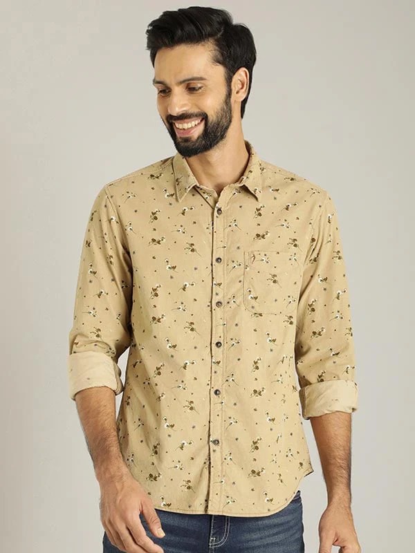 Indian Terrain Men Floral Print Khaki Shirt